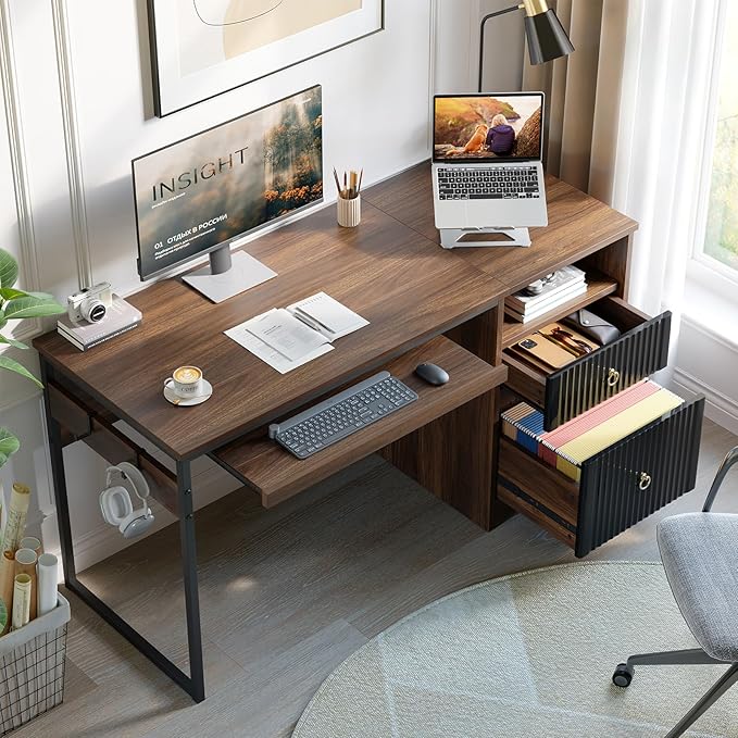 Bestier 55 Inch Computer Desk with Keyboard Tray, Modern Office Desk with Storage, Wood Writing Desk with File Drawer, Fluted Panel & 2 Hooks for Home Office & Studio, Cherry