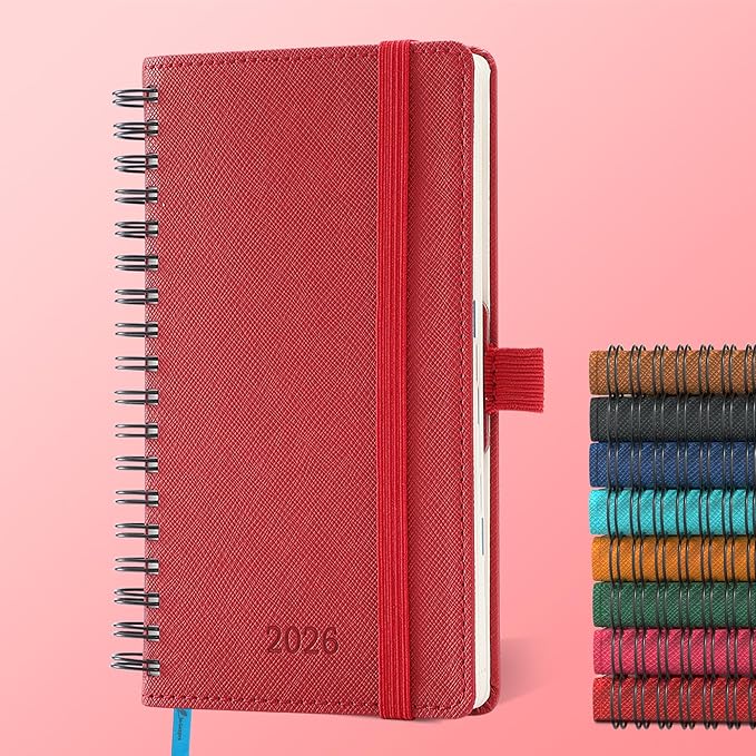 Planner 2026 Daily Weekly and Monthly,6.5"x3.75",12 Months Spiral Bound Calendar Agenda with Self-adhesive Pen Holder,2026 Appointment Book with Vegan Leather Soft Cover,Red