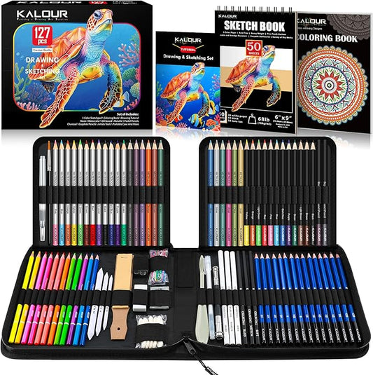 127 Drawing Set Sketching Kit, Pro Art Supplies with 3-Color Sketchbook & Coloring Book, Neon, Colored, Watercolor, Metallic, Graphite, Charcoal Pencils, Gift for Artists Adults Teens
