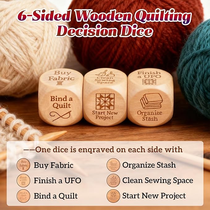 3pcs Quilter’s Dice, 6-Sided Wooden Quilting Decision Dice – Fun Sewing Gift for Quilters, Sewists & Craft Enthusiasts – Handmade Laser Engraved Sewing Tool