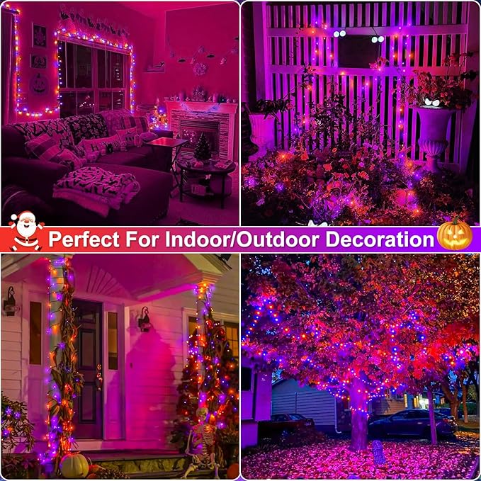 2 Pack Christmas Lights Outdoor, Total 200FT 600 LED Purple Orange String Lights for Outside with 8 Modes Waterproof, Plug in Christmas Decorations for Indoor House Patio Garden Party Holiday