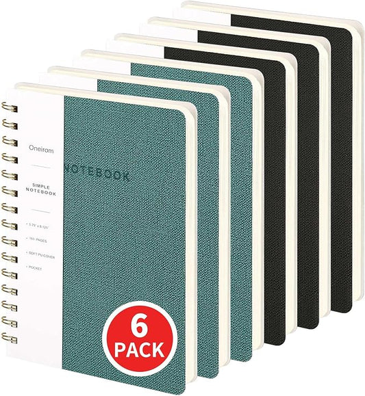 Lined Spiral Notebook College Ruled A5 Journal Book for Note Taking, 160 Pages Writing Journal for Office and Home School Supplies 5.75 x 8.125 inch (6pack-3Green/3Black)