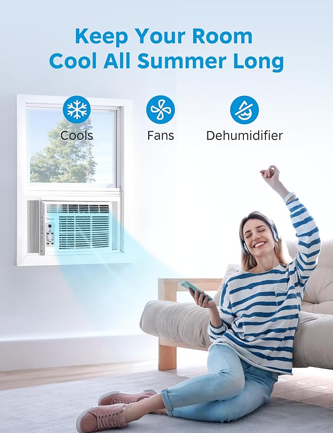 Midea 6,000 BTU Window Air Conditioner, 3-in-1 Cool/Fan/Dehumidifier Window AC Unit, Easycool Air Conditioner with Remote Control, Cools up to 250 Sq. Ft., Fits bedroom, study, office (2024 Upgrade)