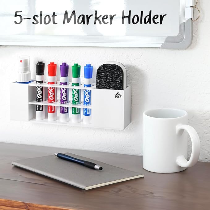 Slim Magnetic Dry Erase Marker Holder for Whiteboard, Space Saving Pen Organizer with Glass and Wall Mount Accessories for Fridge, Office, and School. Markers, Eraser, Cleaner Not Included (White)