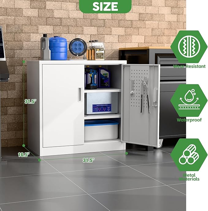 Aobabo 31.5" H Small Garage Storage Cabinet with Pegboard,Lockable File Storage Cabinet with 2 Adjustable Shelves for Garage, Office, School, Assembly Require, White