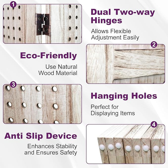 Room Divider, 5.6FT Folding Room Divider Panel, 6 Panel Pegboard Display Wood Partition Wall Divider for Room Separation& Craft Shows, Natural Wood