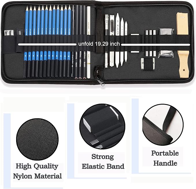 KALOUR 34 Sketching Pencil Set with Sketchbook - Zippered Travel Case - Sketch,Charcoal,Eraser - Art Drawing Supplies for Beginner, Kids,Adults