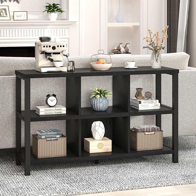 FOLUBAN Industrial 6 Cube Storage Organizer Bookshelf, Wood and Metal Cubby Bookcase, Horizontal Open Book Shelf for Bedroom Living Room, Black Oak, 47 Inch