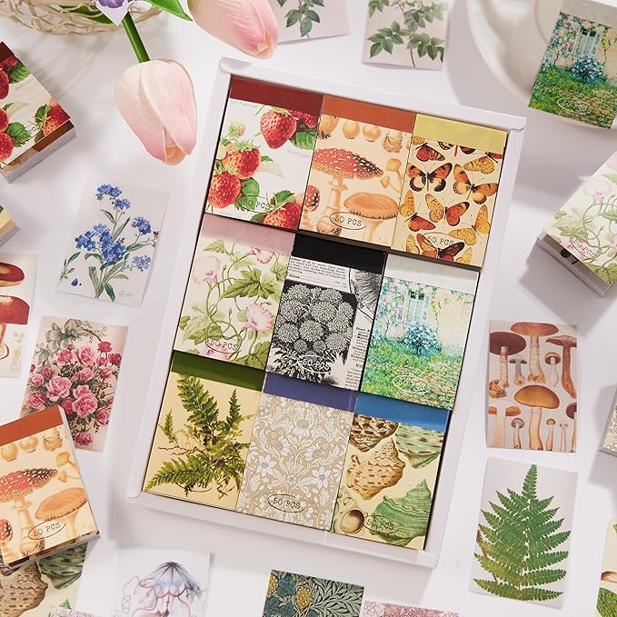 9 Sets 450 Sheets Washi Stickers for Journaling, Plants Fruit Flowers Butterfly Shell Boho Stickers Vintage Aesthetic Scrapbook Sticker for Bullet Journal Art Diary Card Craft Gifts Planner Notebook