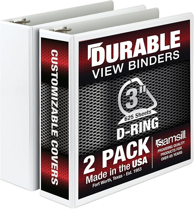 Samsill Durable 3 inch 3 Ring Binder, Made in USA, D Ring Binder, FSC 100% Recycled Chipboard, White, 2 Pack