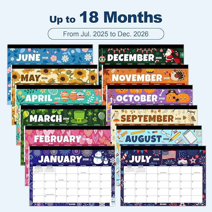 SUNEE Desk Calendar 2025-2026 17x12, 18 Months, JUL. 2025 - DEC. 2026, Academic Desktop Calendar 2025-2026, School Year Large Calendar for Teacher, Seasons Color