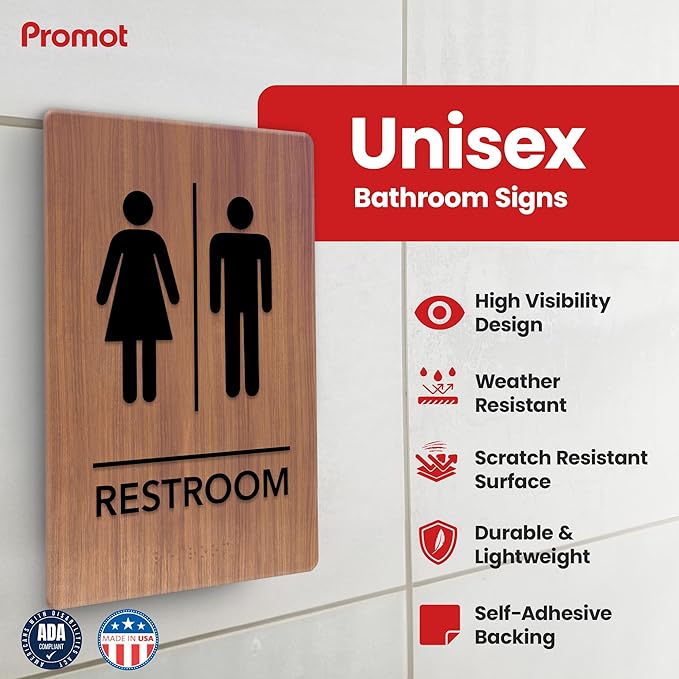 Promot Unisex Bathroom Sign – ADA Braille Restroom Sign for Business, Self-Adhesive, 9" x 6", Commercial Door Signage, Office Wall Decor - Chestnut