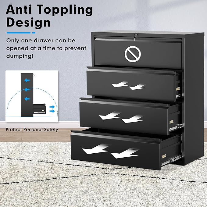 Pataku 4 Drawer File Cabinet with Lock, Metal Lateral File Cabinets for Home Office 4 Drawer, Locking Filling Cabinets for Hanging Files Letter/Legal/F4/A4 Size (Blcak)