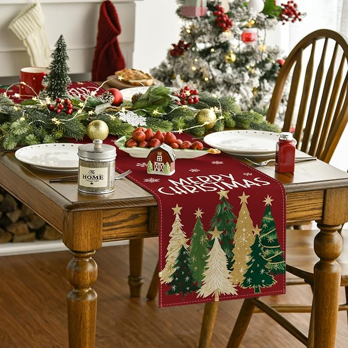 Artoid Mode Xmas Trees Snowflakes Red 210 GSM Merry Christmas Table Runner, Winter Kitchen Dining Table Decoration for Home Party Decor 13x36 Inch