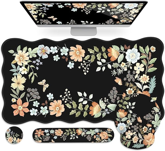 Scalloped Desk Cover Mat, Aesthetic Mousepad with Wrist Rest, Memory Foam Wrist Support for Keyboard, Ultra Smooth Mouse Pad for Office Desk Decor, School Supplies (Black)