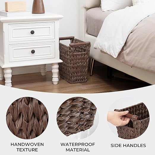 GRANNY SAYS Woven Trash Basket, Brown Wastepaper Basket with Handles, Wicker Bathroom Trash Can for Dorm Laundry Room, 2-Pack, 13" x 7 ½" x 12 ½"