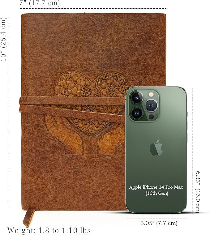 LUXEORIA Heart Journal for Women and Men, Handcrafted Leather Journal for Writing Womens, Leather Sketchbook, Travel Diary with Unlined Deckle Paper, Tan 7x10