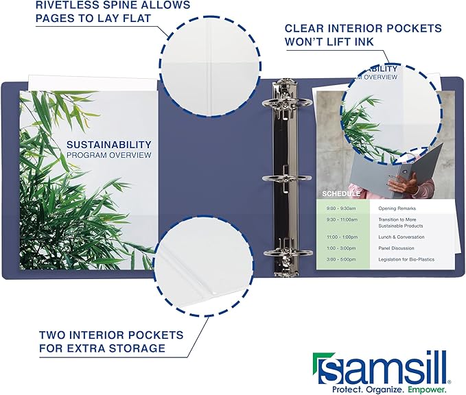 Samsill Durable 1.5 Inch Binder, Made in The USA, D Ring Binder, Customizable Clear View Cover, Midnight Blue, Holds 350 Pages