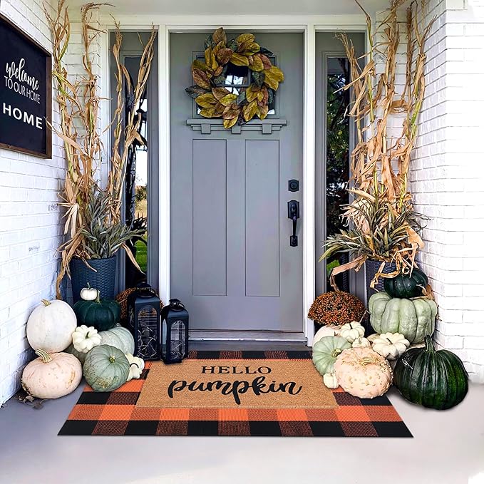 Orange and Black Plaid Rug, 28'' x 43'' Fall Outdoor Front Door Decor Mat, Cotton Washable Hand-Woven Rug for Layered Doormat, Autumn Halloween Thanksgiving Carpet for Porch, Entryway