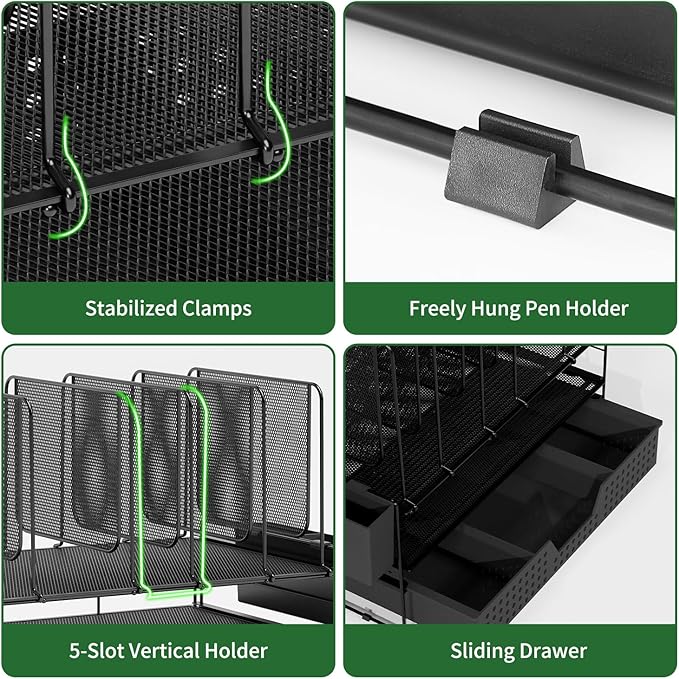 Desk Organizer, Office Organization with Vertical File Holder, File Organizer with Drawer and Pen Holder, Desk Accessories and Workspace Organizers for Home Office (Black)