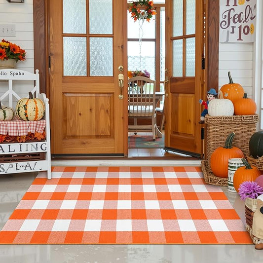 KIMODE Fall Outdoor Rug Orange and White 3'x5',Washable Cotton Halloween Front Door Rug,Farmhouse Buffalo Plaid Layering Rugs,Reversible Fall Door Mat for Entryway,Halloween Front Porch Decor