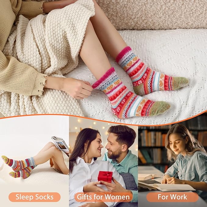 ICEIVY 5 Pair Fuzzy Cozy Socks for Women - Warm Comfy Soft Casual Home Sleep Winter Wool Socks - Gifts for Women