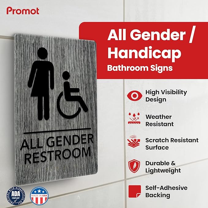 Promot All Gender Handicap Bathroom Sign – ADA Braille Restroom Sign for Business, Self-Adhesive, 9" x 6", Commercial Door Signage, Office Wall Decor - Classic Grey