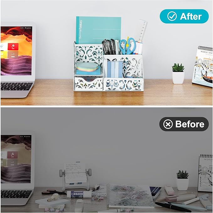 EasyPAG Pen Holder Desk Organizer with Drawer Pencil Cup for Desk 6 Compartments Metal Office Caddy Storage with Sticky Notes Holder for School Home Office, White