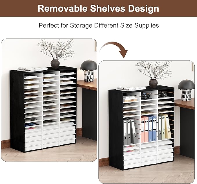 EasyPAG Mail Organizer Countertop, Wood Literature Organizer with Adjustable Shelves, Student Classroom Mailbox for School, Desktop Paper Sorter for Office Home, 48 Compartments, Black/White