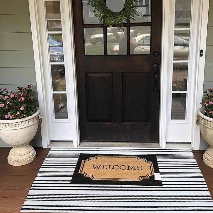 Black and White Striped Outdoor Rug Front Porch Rug 27.5"x43" Cotton Hand-Woven Welcome Mats Layered Door Mats for Front Porch/Entryway/Laundry Room/Bedroom/Outdoor