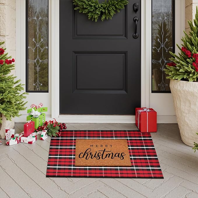 Christmas Buffalo Plaid Outdoor Rug 24"x35", Red and Black Cotton Welcome Front Door Mat,Washable Indoor Throw Rugs for Porch/Entryway/Kitchen/Bedroom/Bathroom
