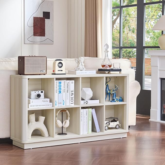 8 Cube Storage Bookcase, 52" Long Horizontal Book Shelf w/Curved Edge, Wooden Floor Standing 2-Tier Cubby Console Bookshelf with Base, Modern Low TV Stand for Living Room, White Cream Oak
