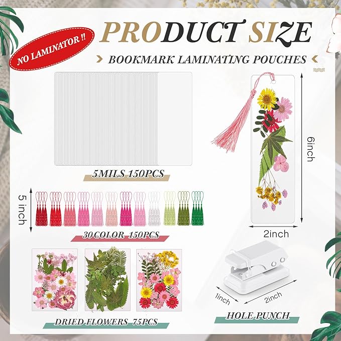 150 Pcs DIY Pressed Dried Flower Bookmark Making Kit, DIY Bookmark Bulk Thanksgiving Teacher Gifts for Reading Women Book Lovers(2 x 8 Inch,Pink)