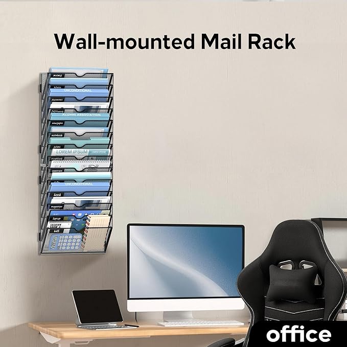 14 Tier Wall Hanging File Organizer, Paper Folder Holder Wall Mounted, Metal Mail Sorter for Office Home School, Black 2 Pack
