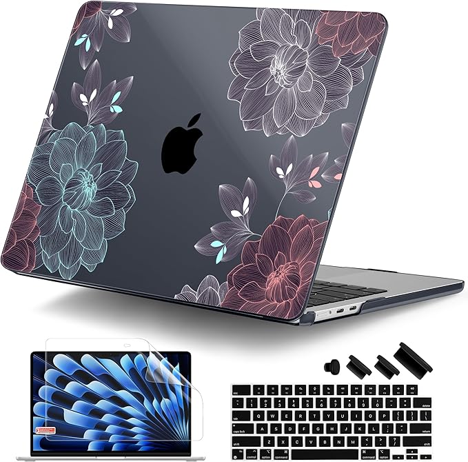 DONGKE Compatible with M4 MacBook Air 15 inch Case 2025 2024 2023 A3241 A3114 A2941 M3 M2 Liquid Retina Display Touch ID, Plastic Hard Case & Keyboard Skin & Screen Protector - Dahlia Flowers