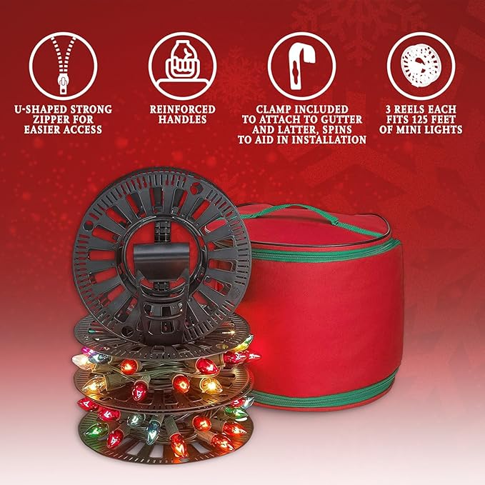 HOLDN’ STORAGE Premium Christmas Light Storage Bag – Heavy Duty Tear Proof 600D/Inside PVC Material with Reinforced Handles - 3 Reels Stores up to 375 Ft of Mini Tree Lights & Extension Cords Red