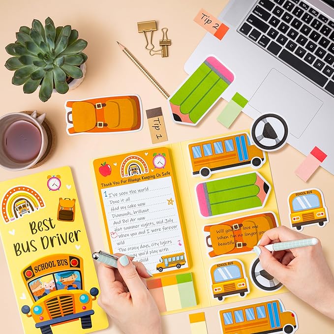 Xqumoi Best Bus Driver Sticky Notes Set - School Bus Pencil Shaped Self-Stick Note Pads Teacher Appreciation Thank You Gift Writing Memo Pad Page Marker Back to School Office Party Favors Supplies