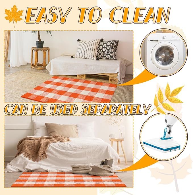 2 Pcs Thanksgiving Coir Doormat Outdoor Thanksgiving Maple Leave Welcome Outdoor Rugs for Layered Buffalo Orange White Plaid Mats for Autumn Fall Front Door Porch Entryway Decor