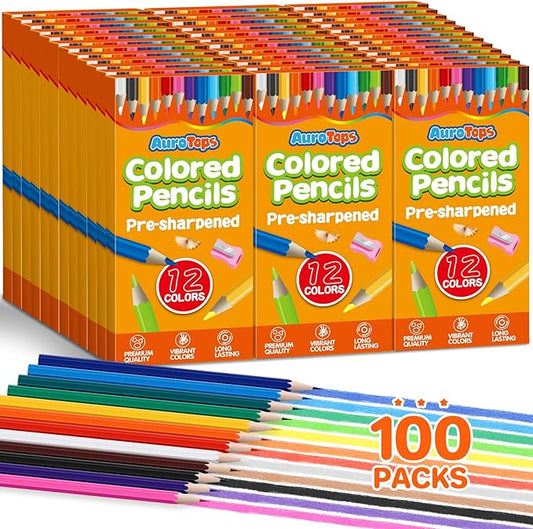 100 Packs Colored Pencils Bulk,1200 Count Pre-Sharpened Colored Pencils in Bulk,Vibrant Colors,12 Color Pencils Set for Classroom Prizes,Back to School Supplies for Kids