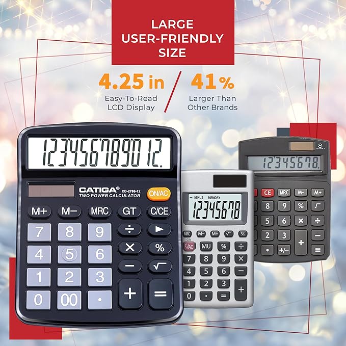 CATIGA 12 Digits Desktop Calculator with Large LCD Display and Sensitive Button, Dual Solar Power and Battery, Standard Function for Office, Home, School, CD-2786