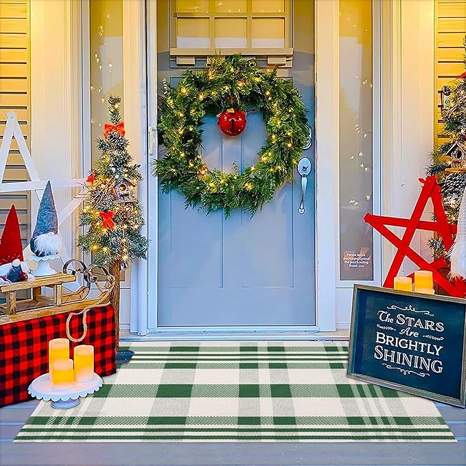 Christmas Green & White Check Rug - 3' x 5' Outdoor Front Door Decor Mat Cotton Washable Hand-Woven Rug Christmas New Year Holiday Porch Entryway Layered Doormat