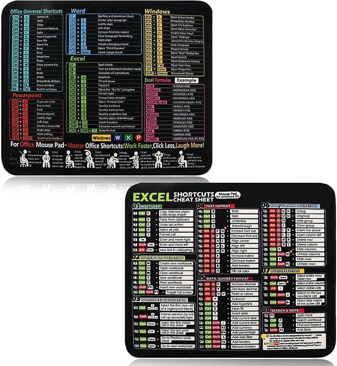 2 Pcs Excel Cheat Sheet Desk Pad, Excel/Word/PowerPoint/Windows Shortcuts Mouse Pad, Portable, Non-Slip Office |HR-Approved Employee Gifts (11.8 * 9.8 * 0.12 in)