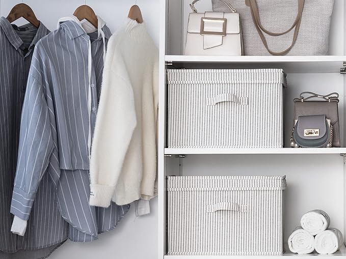StorageWorks Fabric Storage Bins with Lid, Decorative Storage Boxes for Shelves, Stackable Closet Organizer Basket with Handles, Large, Gray and White Stripes, 2-Pack