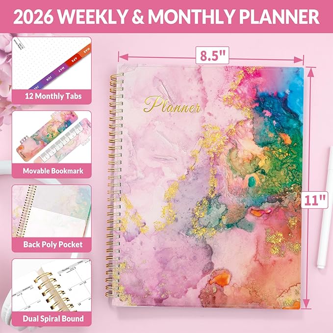 SUNEE 2026 Weekly and Monthly Planner - from January 2026 - December 2026, 8.5"x11" Daily Agenda Planner with Monthly Tab, Flexible Cover, Note Pages, Pockets, Bookmark, Spiral Binding, Pink Marble