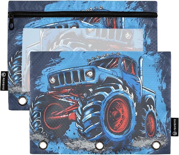 Monster Truck Blue Pencil Pouch for 3 Ring Binder, 2 Pack Waterproof Pencil Bags Clear Window Zipper School Office Supplies