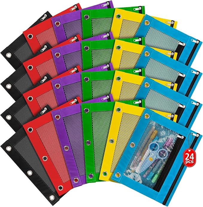 IKAYAS 24 Pack Pencil Pouch for 3 Ring Binder Bulk Binder Pencil Pouch with Zipper, Pencil Pouches Pencil Bags for Classroom Bulk Pencil Box Pencil Case for Storing School Students Teacher Supplies