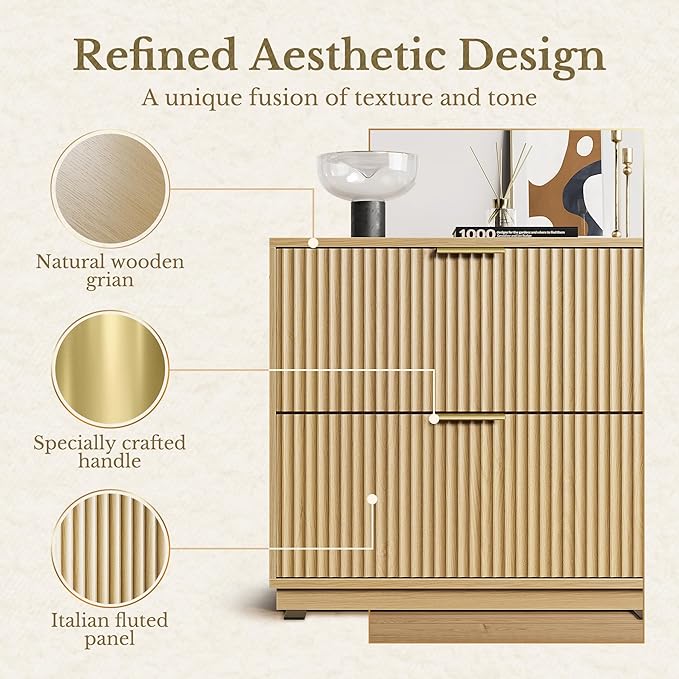 2 Drawer Fluted File Cabinet, 32'' Lateral File Cabinet for Legal/Letter/A4/F4 Size Hanging Files, Wood File Storage for Home Office, Light Walnut