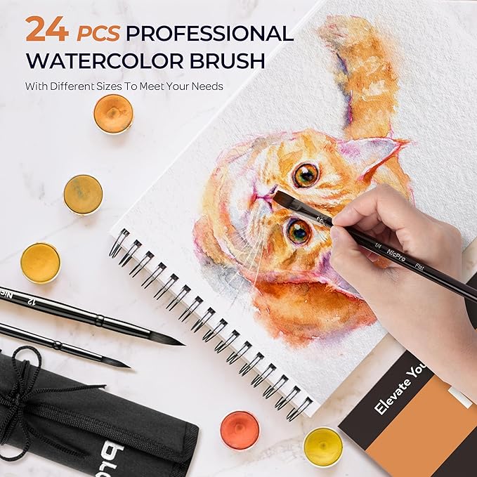 Nicpro 24pcs Watercolor Brushes Professional, Soft Synthetic Squirrel Hair Watercolor Brush Set with Cloth Roll, Round, Liner, Flat, Filbert, Dagger, Cat Tongue for Water Color Gouache Inks Painting