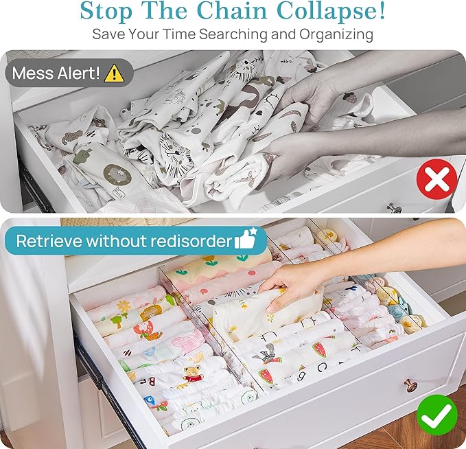 Vtopmart 4 Pack Drawer Dividers for Clothes, 4" High 10.2"-16.5" Adjustable Expandable Dresser Drawer Organizer, Clear Plastic Separators for Dresser, Baby Clothing, Underwear, Cosmetic, Toiletries