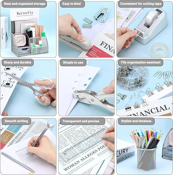 SYMDROMIA 13-in-1 Office Desk Organizer Set with Stapler and Tape Dispenser, Pen Holder, Scissors, Ruler, Hole Punch, 2 Pens & More Desktop Accessories for Back to School Supplies (Silver)